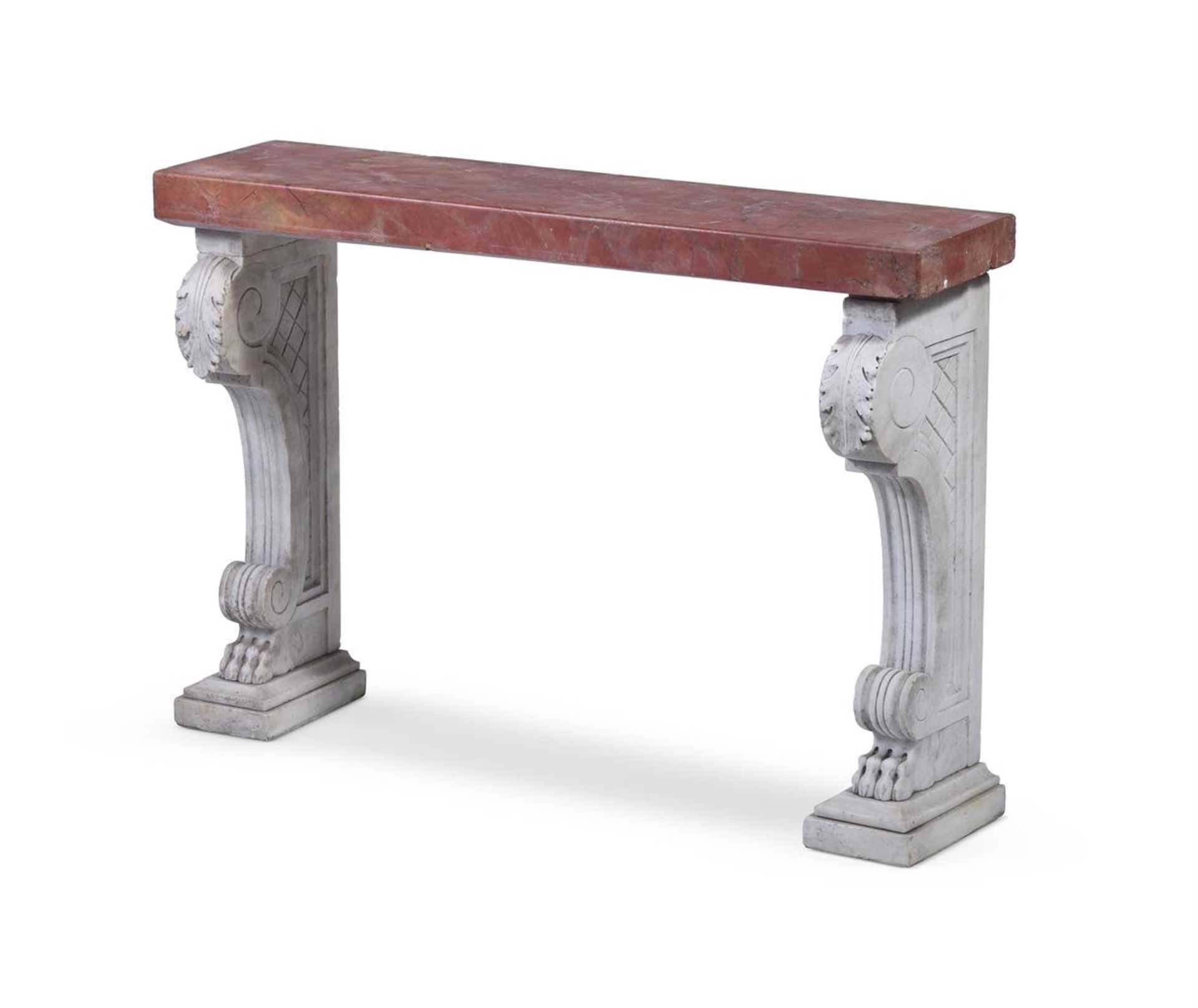 AN ITALIAN SMALL RED AND WHITE CARRARA MARBLE BENCH, 19TH CENTURY