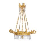 A NORTH EUROPEAN ORMOLU, CLEAR AND BLUE GLASS TEN LIGHT CHANDELIER, EARLY 19TH CENTURY