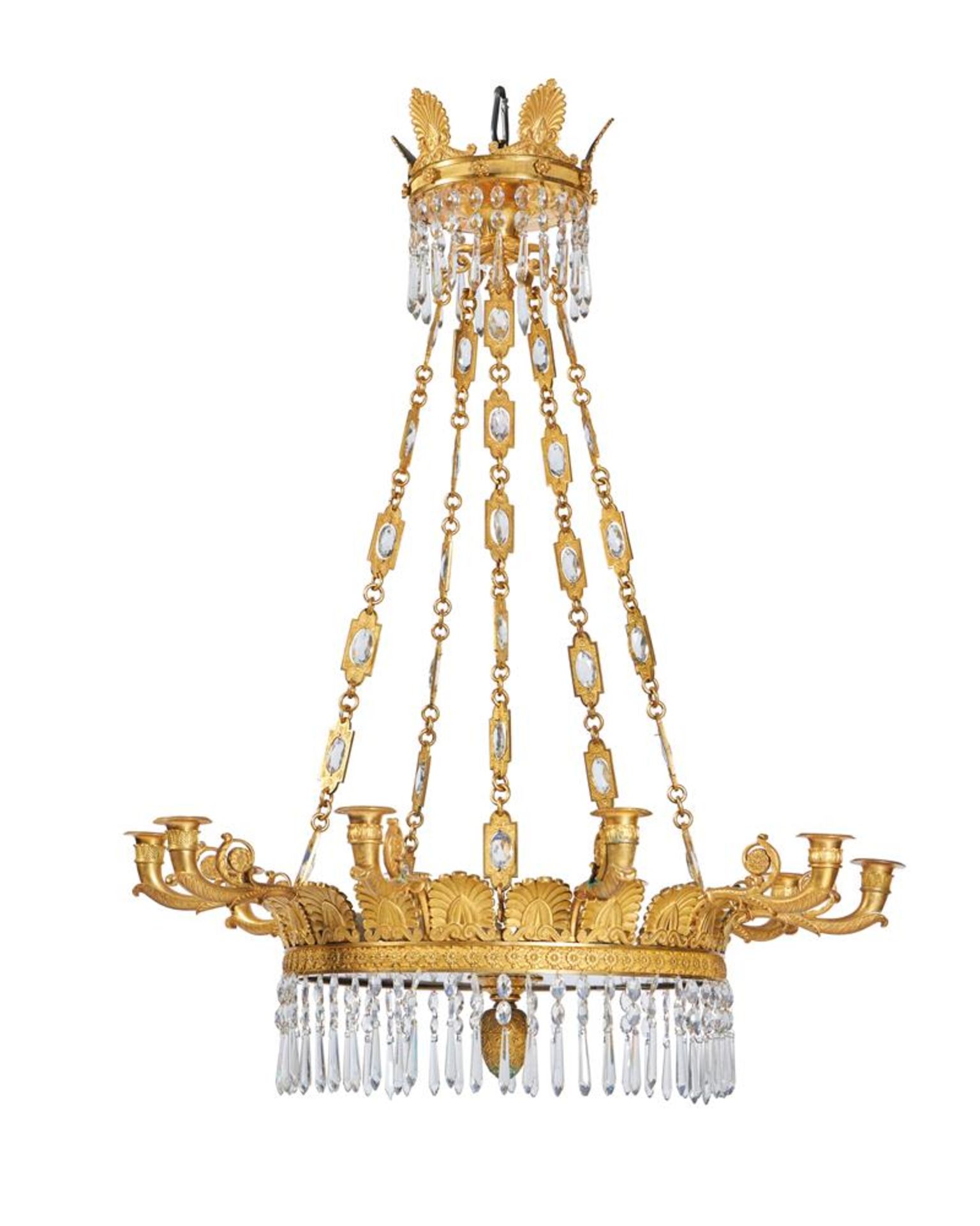 A NORTH EUROPEAN ORMOLU, CLEAR AND BLUE GLASS TEN LIGHT CHANDELIER, EARLY 19TH CENTURY