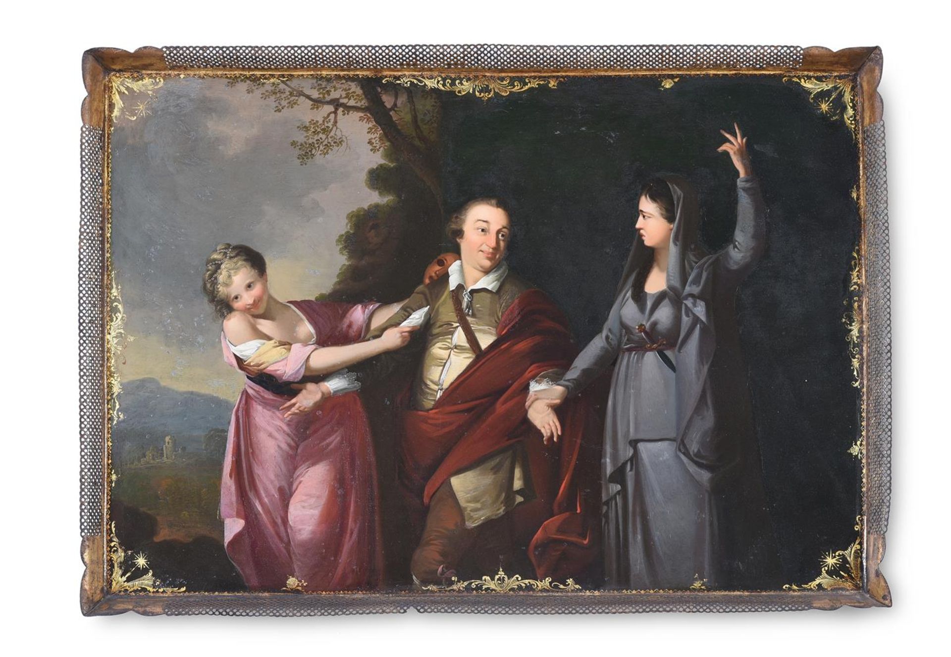 AN UNUSUAL REGENCY TOLEWARE TRAY DEPICTING DAVID GARRICK, PROBABLY PONTYPOOL, CIRCA 1815