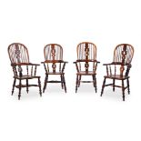 FOUR YEW HIGH BACK WINDSOR ARMCHAIRS, 19TH CENTURY