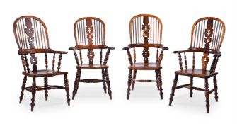 FOUR YEW HIGH BACK WINDSOR ARMCHAIRS, 19TH CENTURY