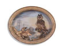 ATTRIBUTED TO MISS GREGG, A STRAW WORK DIORAMA OF AN OWL AND A KINGFISHER