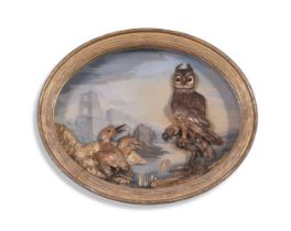 ATTRIBUTED TO MISS GREGG, A STRAW WORK DIORAMA OF AN OWL AND A KINGFISHER