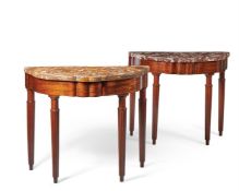 A PAIR OF ITALIAN DEMI-LUNE WALNUT CONSOLE TABLES, LATE 18TH CENTURY