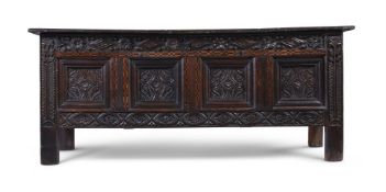 A MONUMENTAL CHARLES II PANELLED OAK CHEST OF YORKSHIRE TYPE, CIRCA 1660