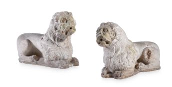 A PAIR OF ITALIAN OR SPANISH LIMESTONE LIONS, 13TH/14TH CENTURY