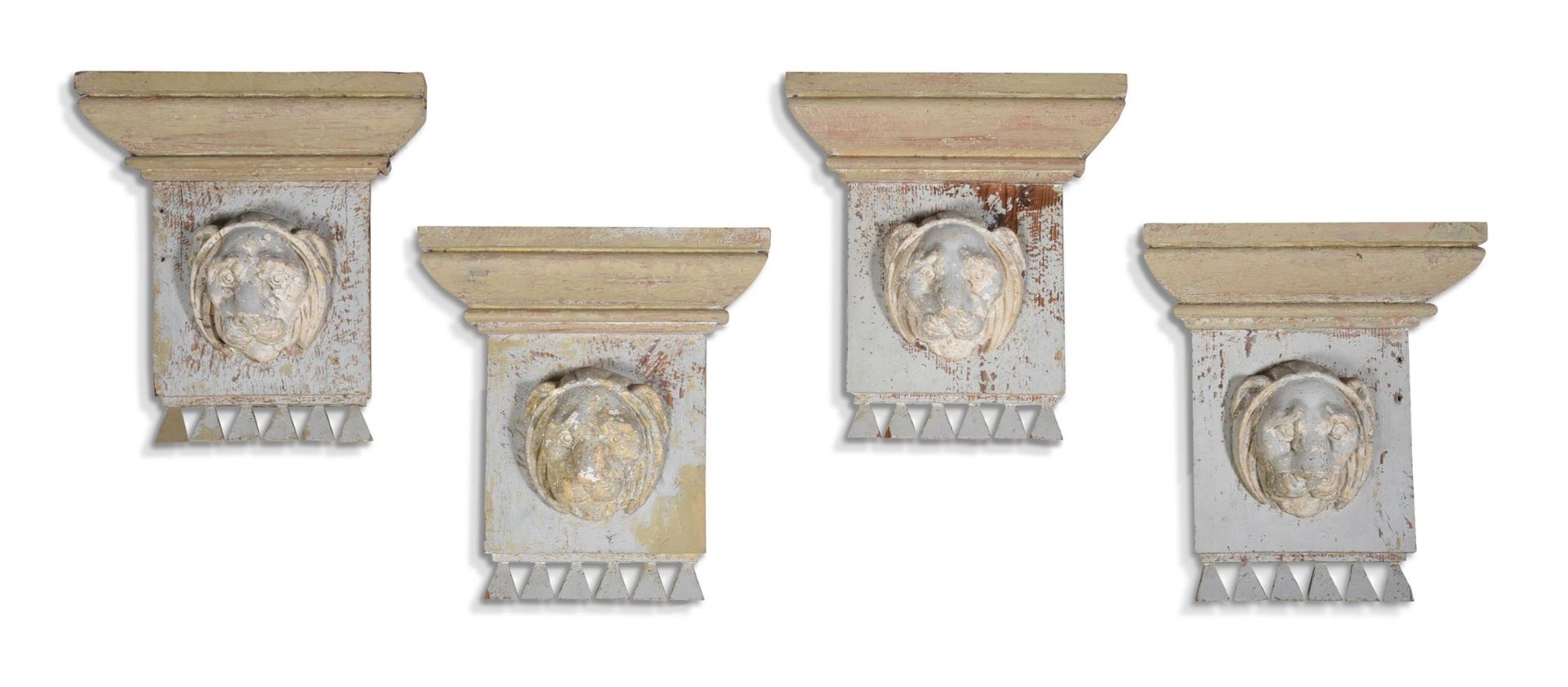 A SET OF FOUR GREY PAINTED WOOD WALL BRACKETS OR MOUNTS, 19TH CENTURY