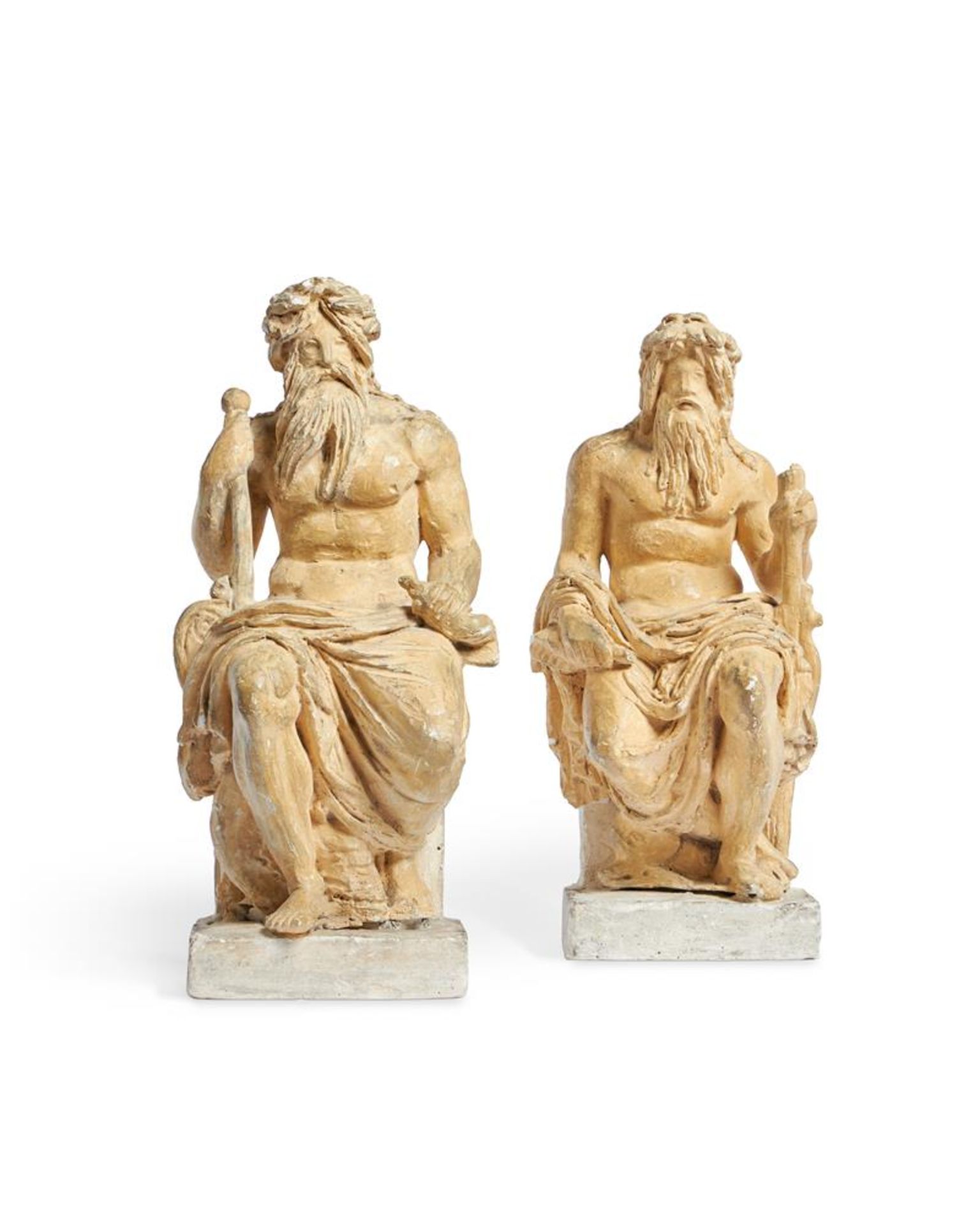 A PAIR OF ITALIAN PLASTER FIGURES OF SEATED RIVER GODS, EARLY 19TH CENTURY