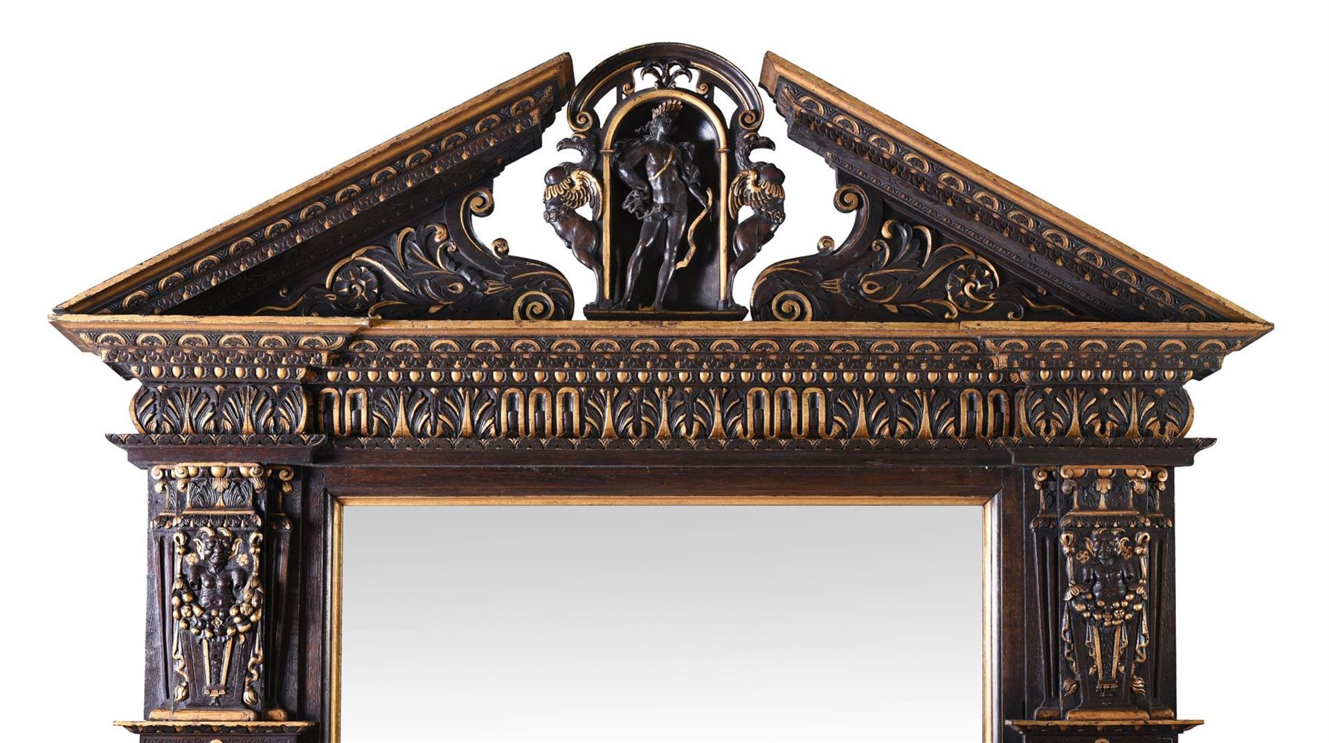 A LARGE ITALIAN CARVED OAK AND WALNUT AND PARCEL GILT MIRROR, 17TH CENTURY AND LATER - Bild 3 aus 5