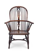 A VICTORIAN YEW AND ELM HIGH BACK WINDSOR ARMCHAIR, MID 19TH CENTURY