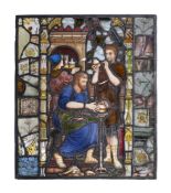 A LATE VICTORIAN STAINED GLASS PANEL DEPICTING THE INTERIOR OF A CERAMIC WORKSHOP
