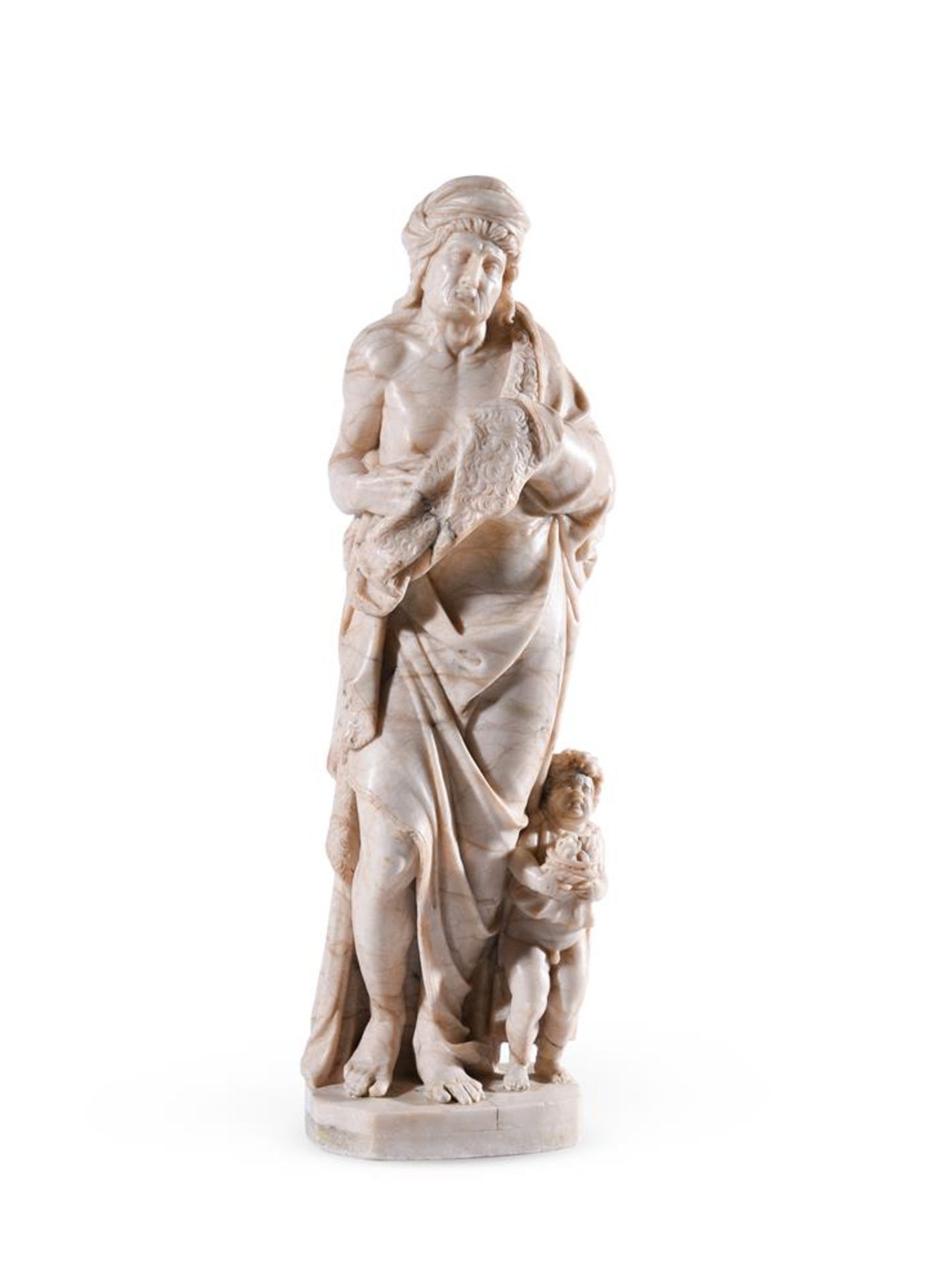 A GERMAN ALABASTER ALLEGORICAL FIGURE OF WINTER AS AN OLD MAN, 17TH CENTURY