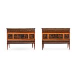 Y A PAIR OF ITALIAN ROSEWOOD, EBONY, PURPLEWOOD, SYCAMOR MARQUETRY AND INLAID COMMODES
