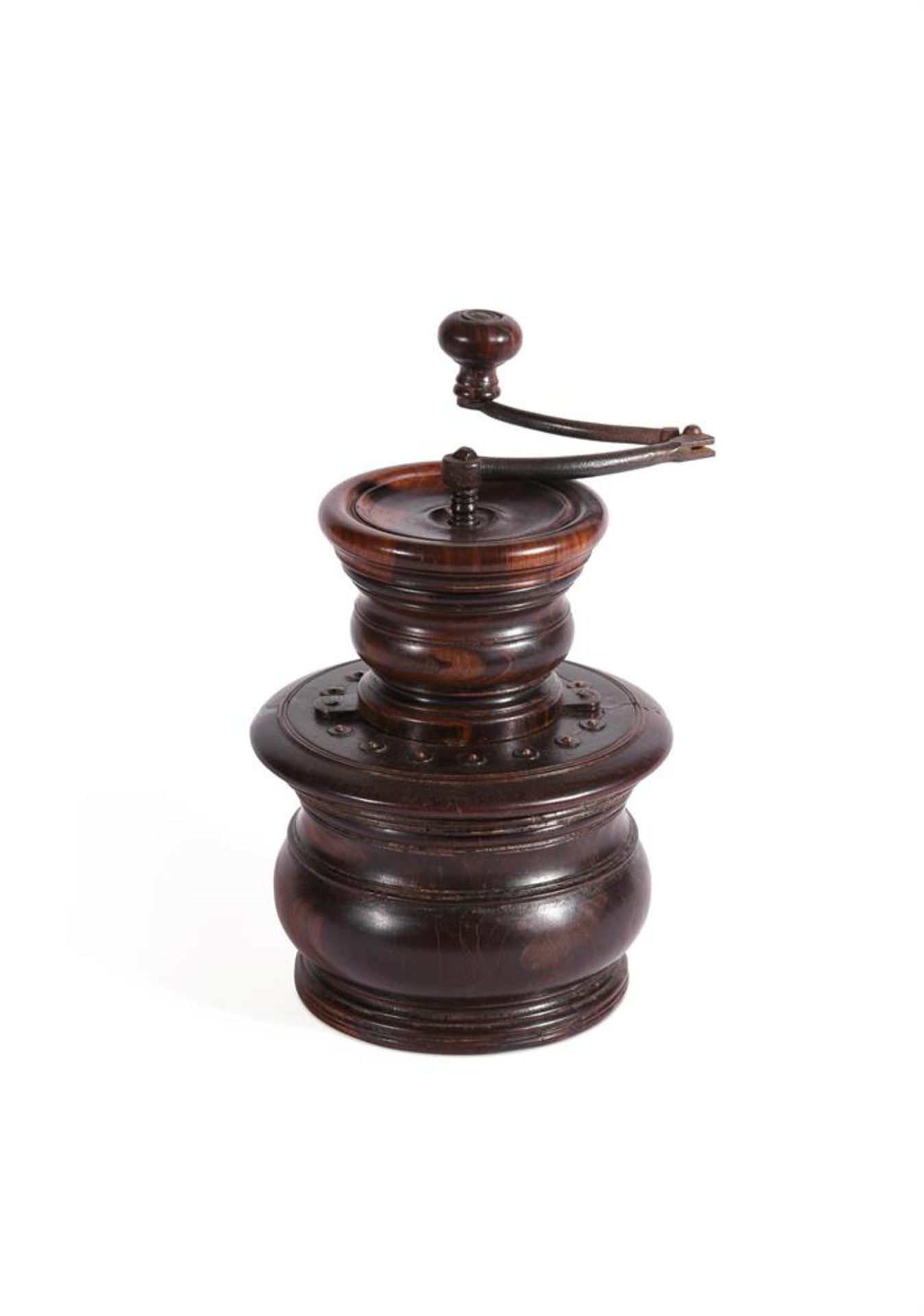 A TURNED LIGNUM VITAE COFFEE GRINDER, 18TH/19TH CENTURY