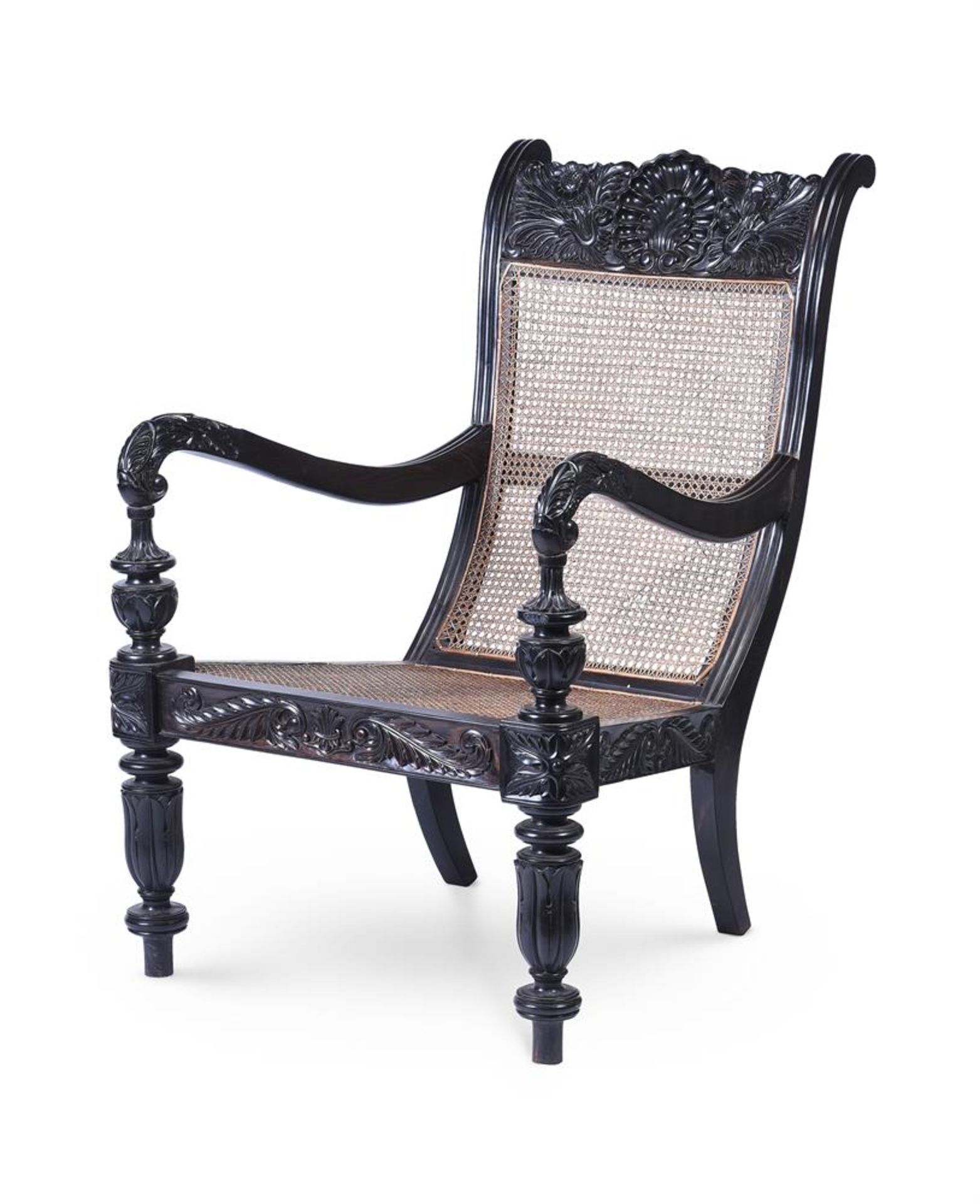 Y A CEYLONESE CARVED EBONY ARMCHAIR, PROBABLY GALLE DISTRICT, FIRST HALF 19TH CENTURY