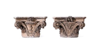 A PAIR OF ITALIAN CARVED STONE CAPITALS, 15TH/16TH CENTURY