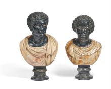 A PAIR OF ITALIAN BIGIO MORATO AND ALABASTER BUSTS OF MOORS AFTER NICOLAS CORDIER