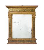AN ITALIAN CARVED GILTWOOD AND BLUE PAINTED MIRROR, 18TH CENTURY