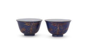 A pair of Chinese blue ground 'Bamboo' bowls