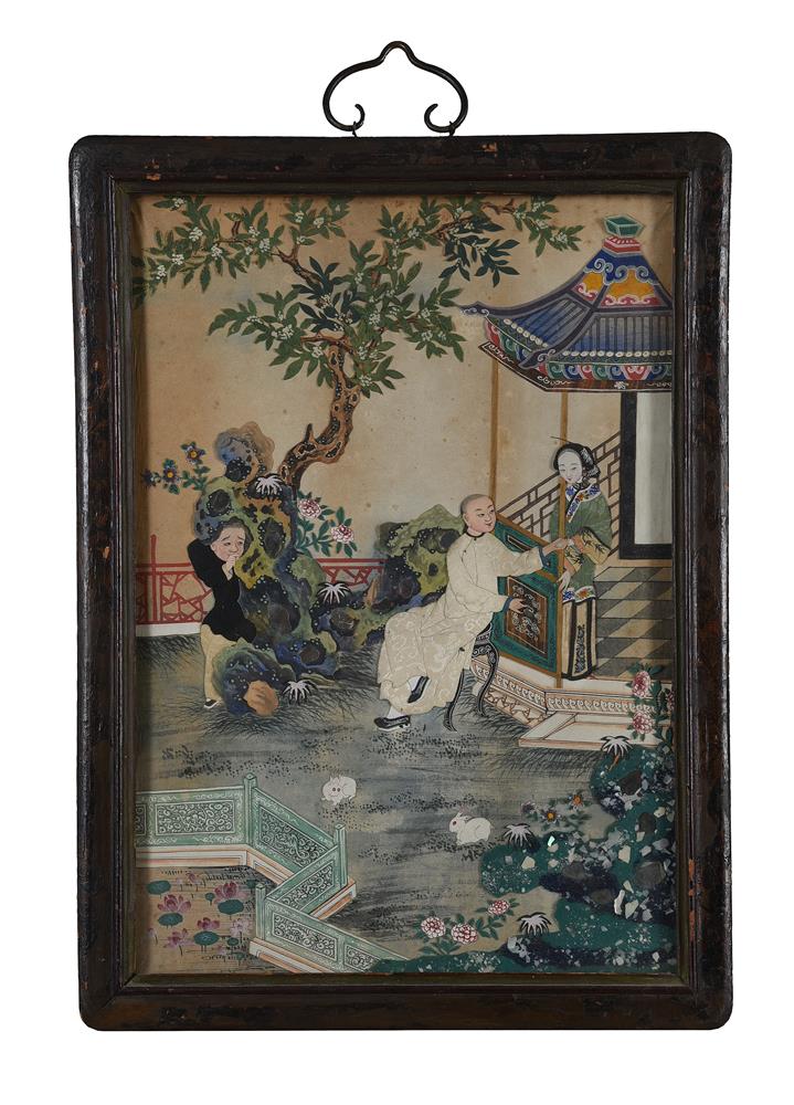 A Chinese Export painted paper and textile collage panel - Image 2 of 3
