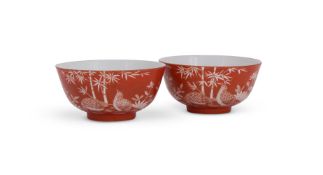 A pair of Chinese iron red 'Quail' bowls