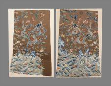 Two Chinese chestnut silk Chinese fragments from an 18th century dragon robe