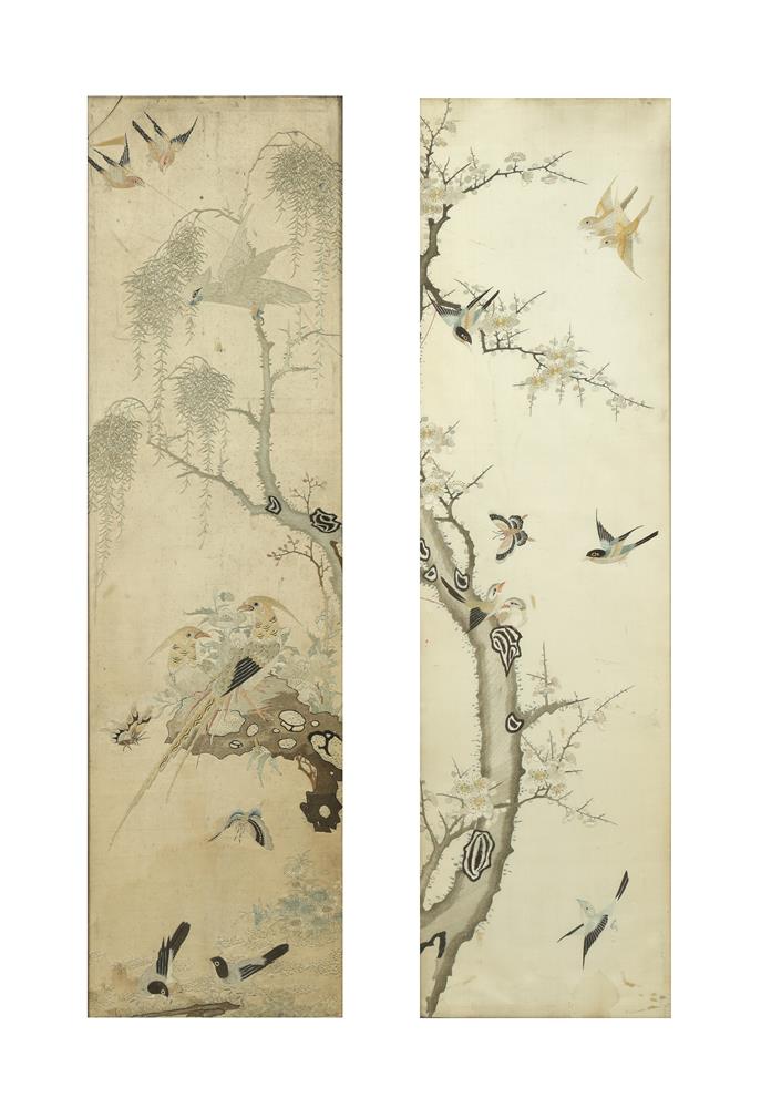 Y A pair of Canton embroidered silk panels