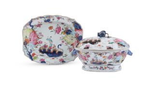 A Chinese Famille Rose 'Tobacco Leaf' tureen cover and stand