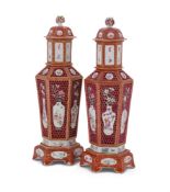 A large pair of Chinese Export Famille Rose reticulated 'honeycomb' hexagonal vases