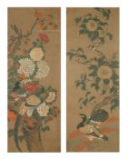 A pair of large Chinese paintings of birds and flowers