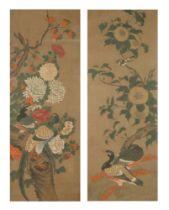 A pair of large Chinese paintings of birds and flowers