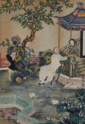 A Chinese Export painted paper and textile collage panel