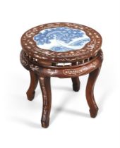 A Chinese blue and white porcelain-mounted hardwood and bone inlaid stool