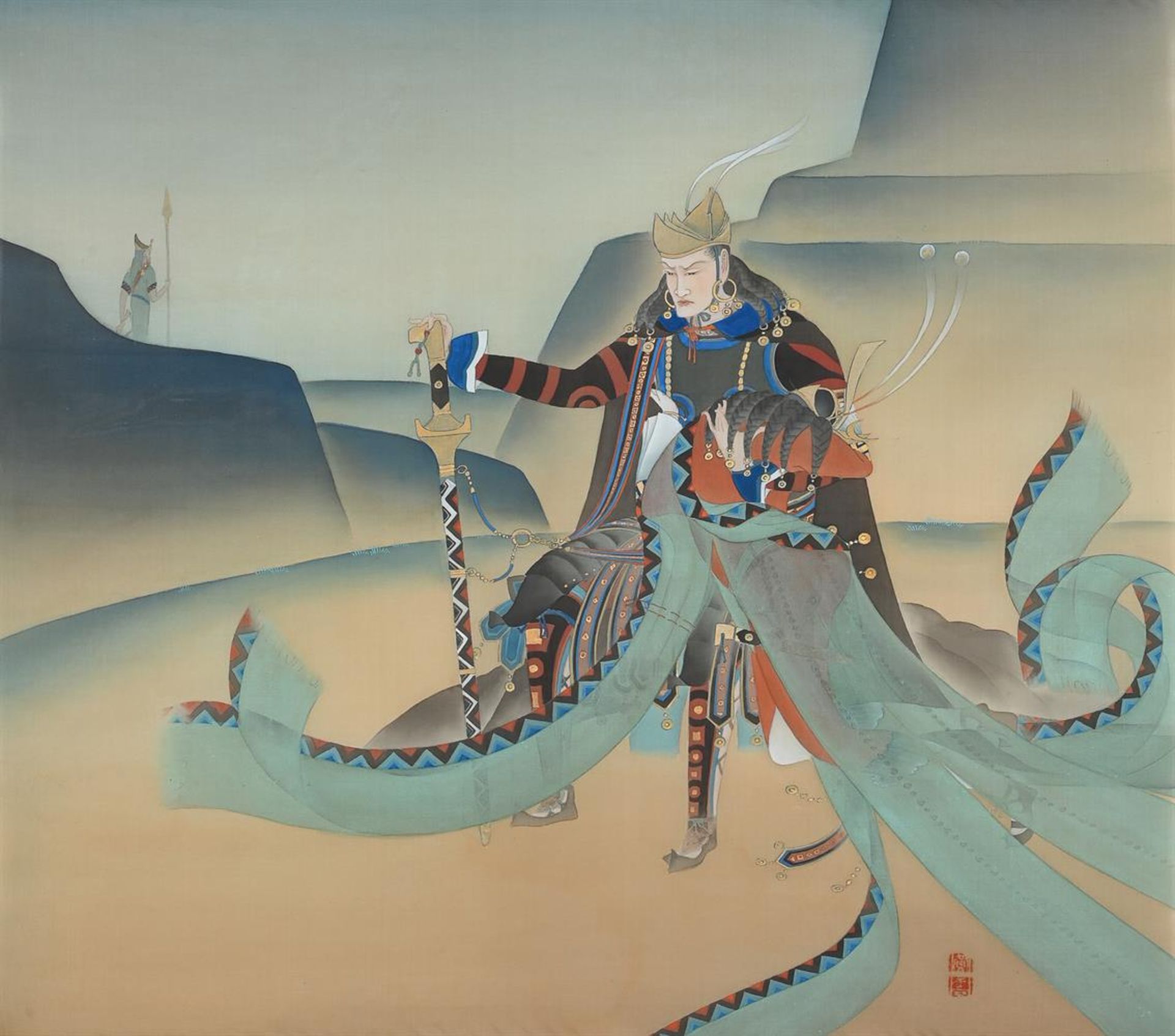 An unusual set of twelve Japanese silk Theatrical paintings of 'The Mystery of the Lost Island' - Image 10 of 34