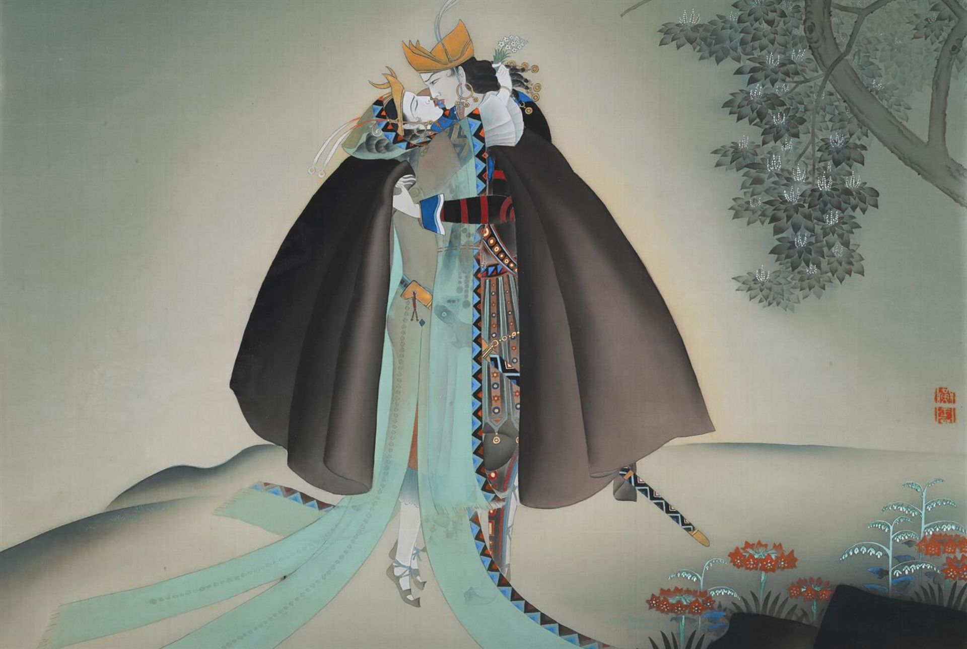 An unusual set of twelve Japanese silk Theatrical paintings of 'The Mystery of the Lost Island' - Image 5 of 34