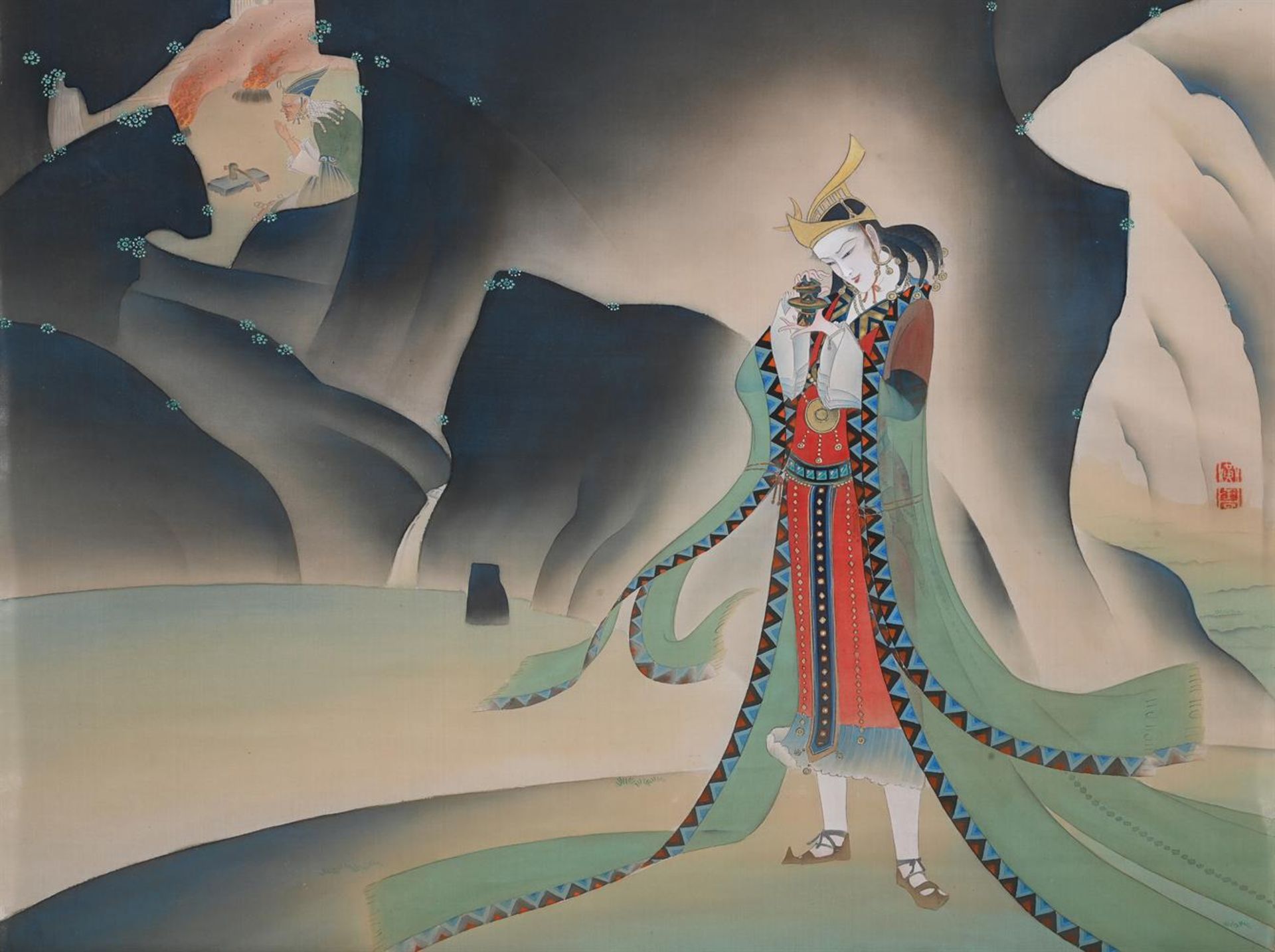 An unusual set of twelve Japanese silk Theatrical paintings of 'The Mystery of the Lost Island' - Image 7 of 34
