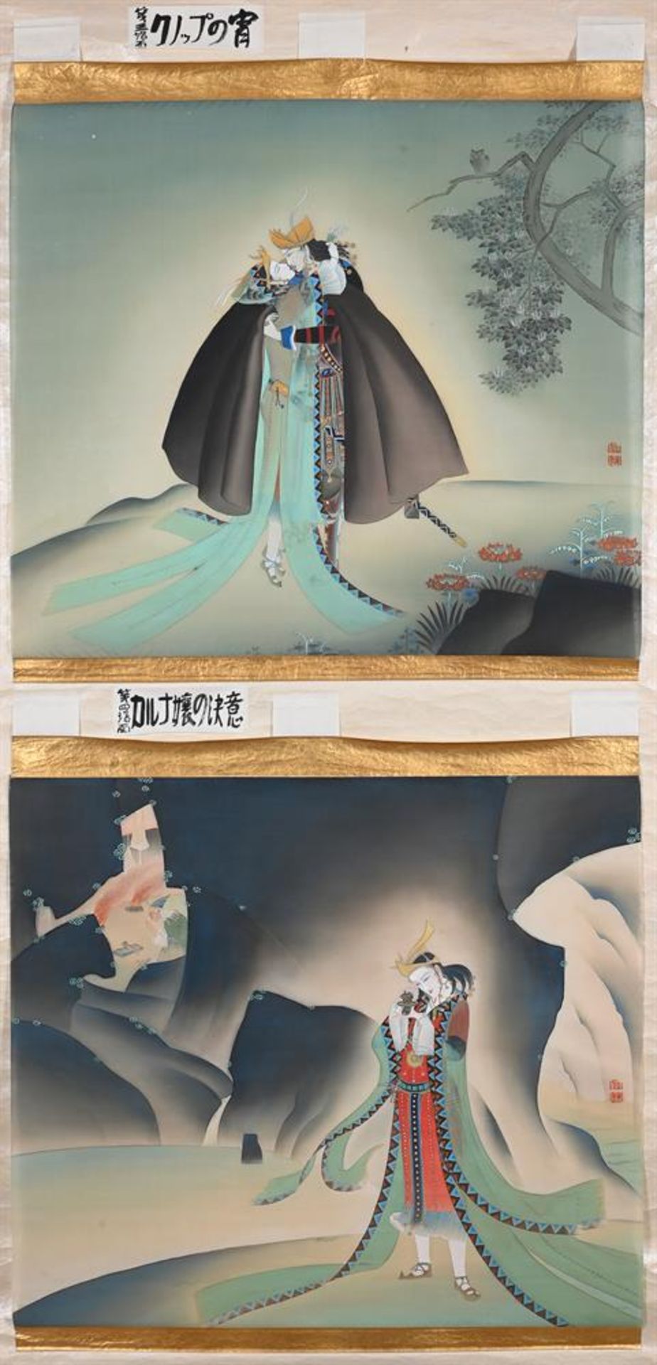 An unusual set of twelve Japanese silk Theatrical paintings of 'The Mystery of the Lost Island' - Image 4 of 34