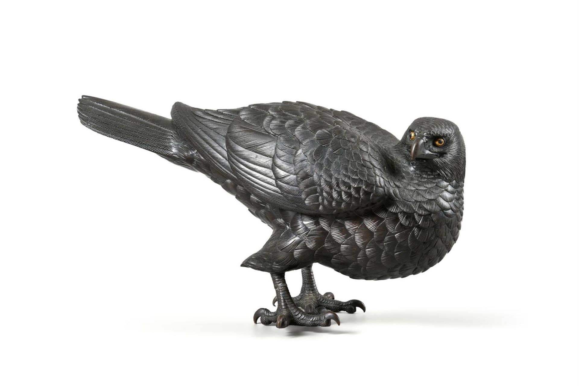 A good Japanese bronze model of a hawk