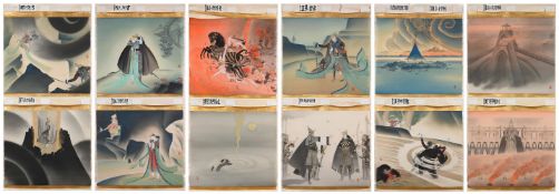 An unusual set of twelve Japanese silk Theatrical paintings of 'The Mystery of the Lost Island'