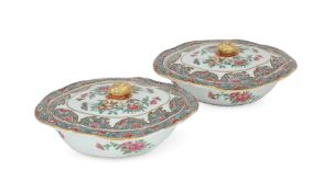 A pair of Cantonese Famille Rose oval tureens and covers