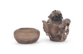 A Chinese agate 'Lotus' washer and an agate tripod censer and a agate teapot