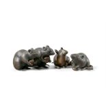 Three small Japanese bronze rats