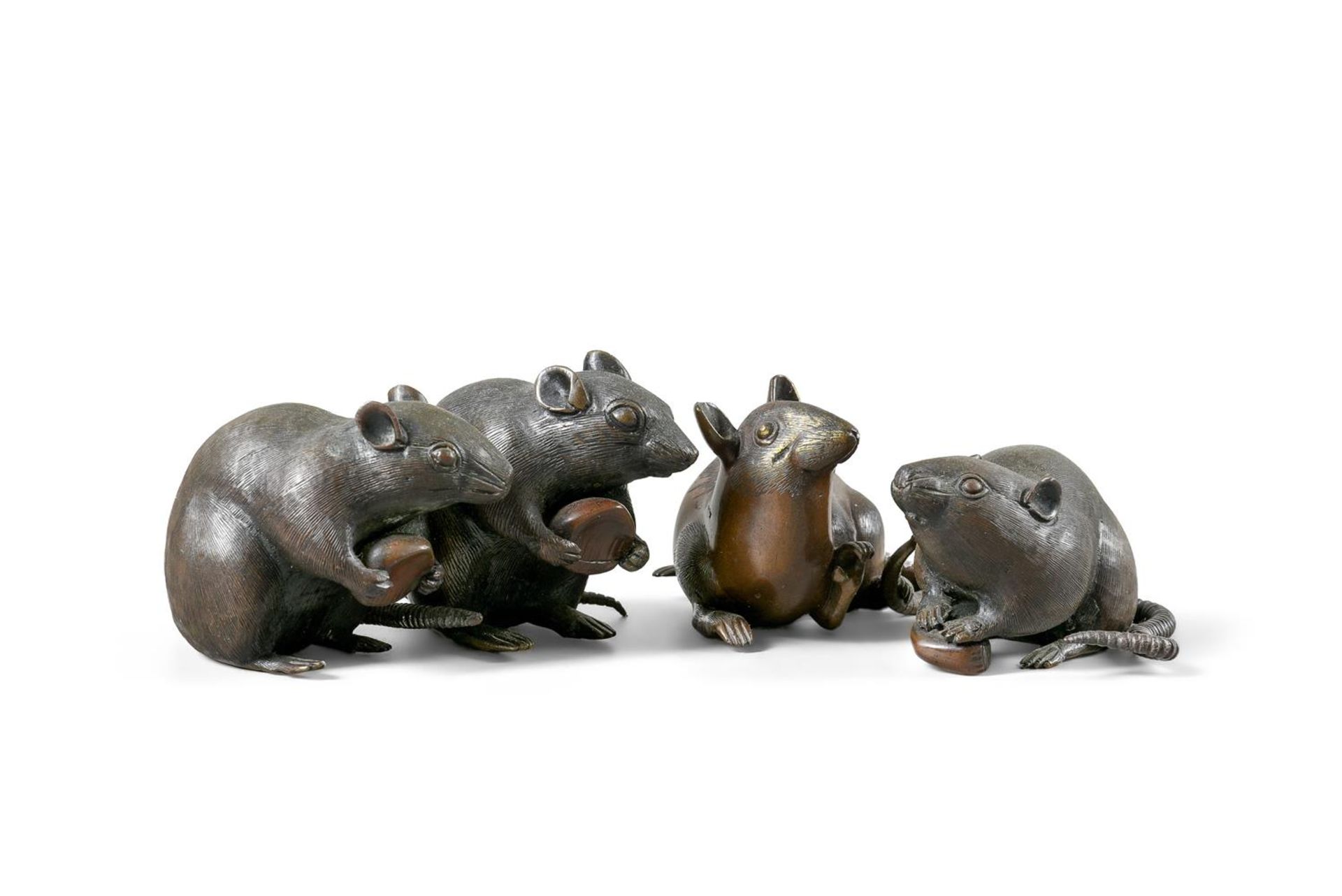 Three small Japanese bronze rats