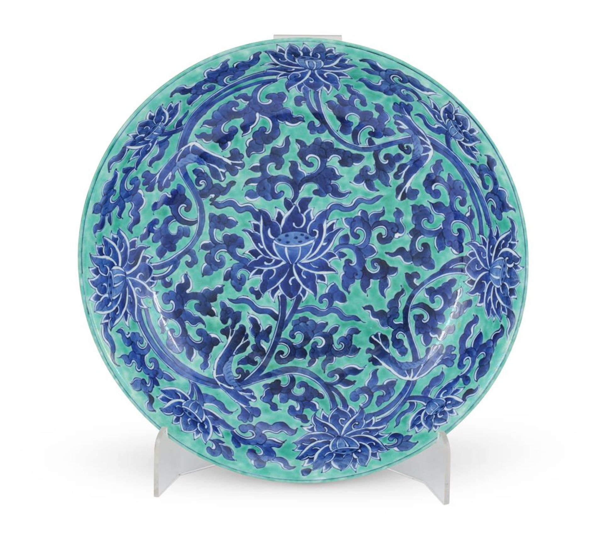 A large Chinese green-ground blue and white plate