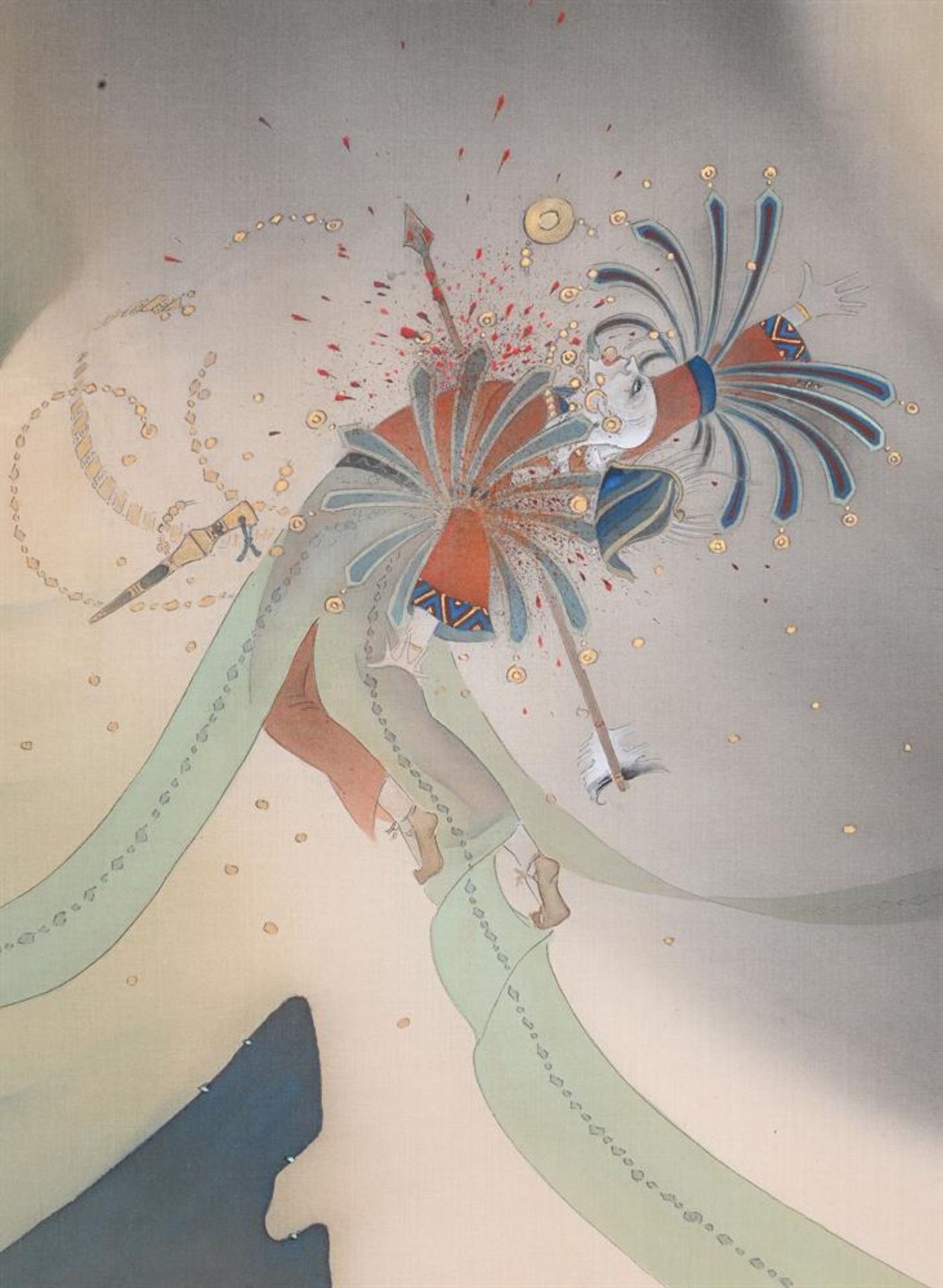 An unusual set of twelve Japanese silk Theatrical paintings of 'The Mystery of the Lost Island' - Image 17 of 34