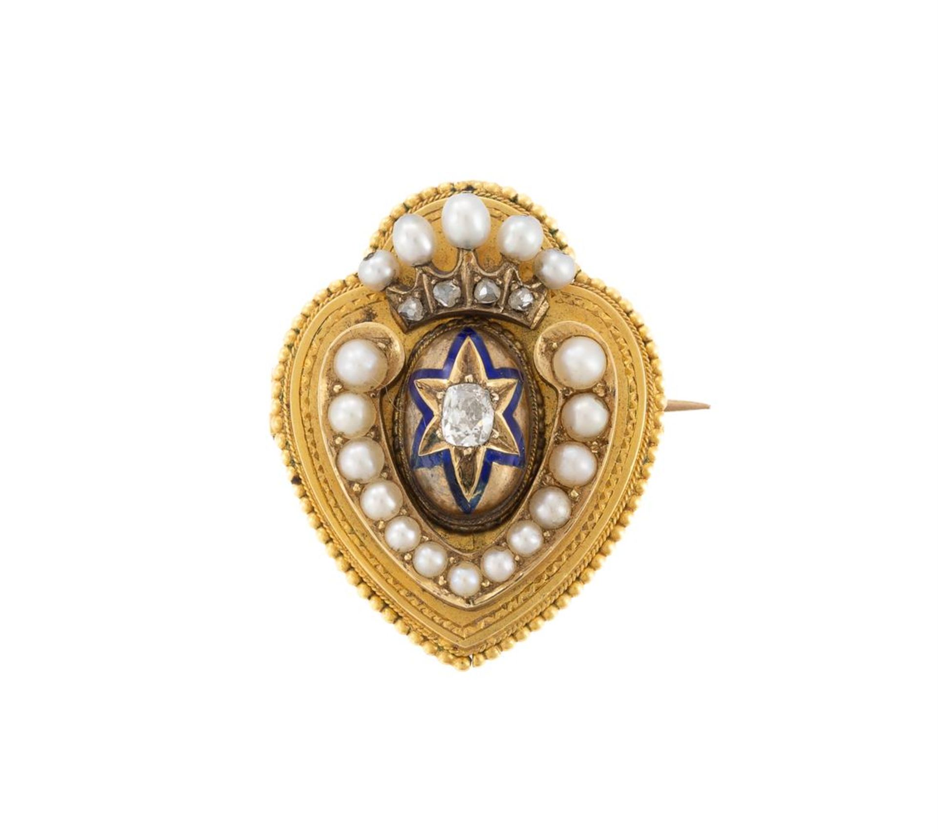 A VICTORIAN DIAMOND AND PEARL CORONETED BROOCH, CIRCA 1880