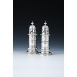 A PAIR OF QUEEN ANNE SCOTTISH SILVER LIGHTHOUSE CASTERS