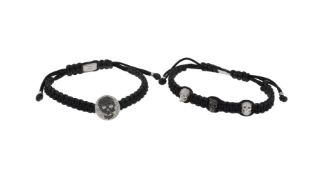 THEO FENNELL, TWO DIAMOND AND BLACK DIAMOND SKULL DESIGN AND BLACK CORD BRACELETS