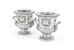 A PAIR OF OLD SHEFFIELD PLATE CAMPANA WINE COOLERS